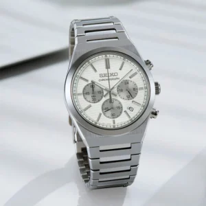 Swiss luxury watch with stainless steel band
