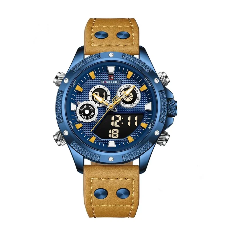 NAVIFORCE 9224 Men's Digital & Analog Waterproof Chronograph Sports Leather Strap Wristwatch.