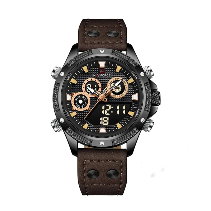 NAVIFORCE 9224 Men's Digital & Analog Waterproof Chronograph Sports Leather Strap Wristwatch. - Image 2